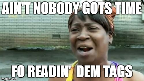 Ain't Nobody Got Time For That Meme | AIN'T NOBODY GOTS TIME FO READIN'  DEM TAGS | image tagged in memes,aint nobody got time for that | made w/ Imgflip meme maker