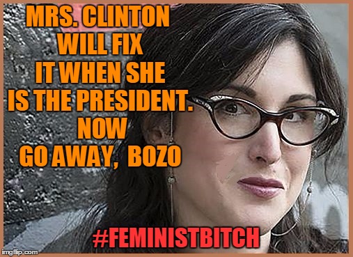 feminist Zeisler | MRS. CLINTON WILL FIX IT WHEN SHE IS THE PRESIDENT.  NOW GO AWAY,  BOZO #FEMINISTB**CH | image tagged in feminist zeisler | made w/ Imgflip meme maker
