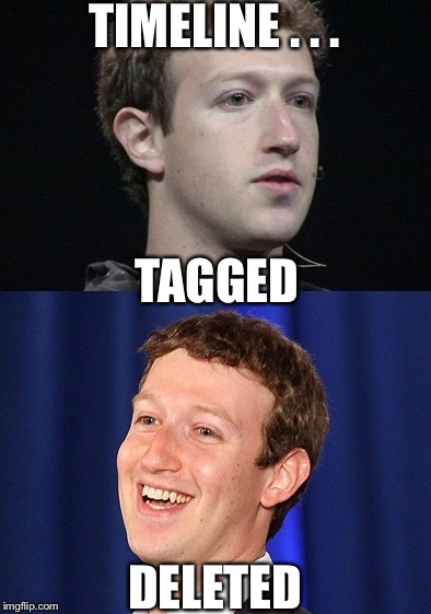 Zuckerberg Face  | TIMELINE . . . TAGGED; DELETED | image tagged in memes,zuckerberg,facebook,tag,delete,mark zuckerberg | made w/ Imgflip meme maker