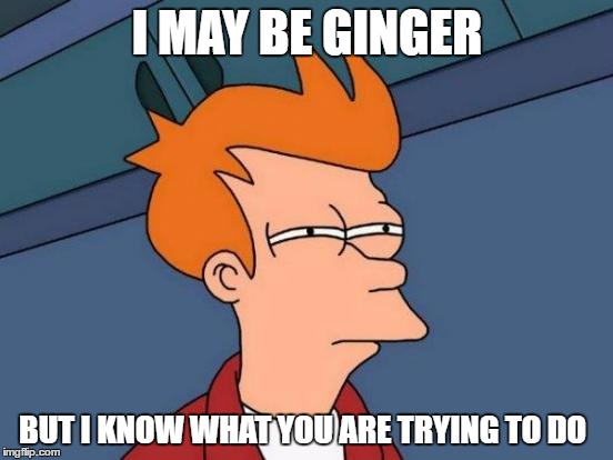 Futurama Fry | I MAY BE GINGER; BUT I KNOW WHAT YOU ARE TRYING TO DO | image tagged in memes,futurama fry | made w/ Imgflip meme maker