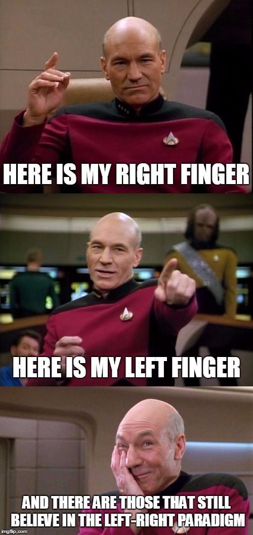 Nothing is right to the left and nothing is left to the right | HERE IS MY RIGHT FINGER; HERE IS MY LEFT FINGER; AND THERE ARE THOSE THAT STILL BELIEVE IN THE LEFT-RIGHT PARADIGM | image tagged in bad pun picard,politics,right wing,left wing,deception | made w/ Imgflip meme maker