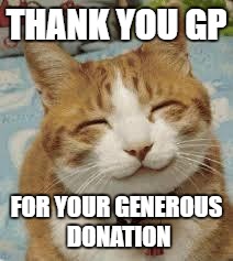 Happy cat | THANK YOU GP; FOR YOUR GENEROUS DONATION | image tagged in happy cat | made w/ Imgflip meme maker