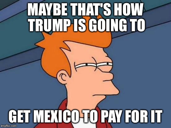 Futurama Fry Meme | MAYBE THAT'S HOW TRUMP IS GOING TO GET MEXICO TO PAY FOR IT | image tagged in memes,futurama fry | made w/ Imgflip meme maker