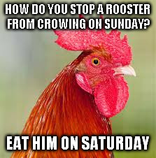 rooster | HOW DO YOU STOP A ROOSTER FROM CROWING ON SUNDAY? EAT HIM ON SATURDAY | image tagged in rooster | made w/ Imgflip meme maker