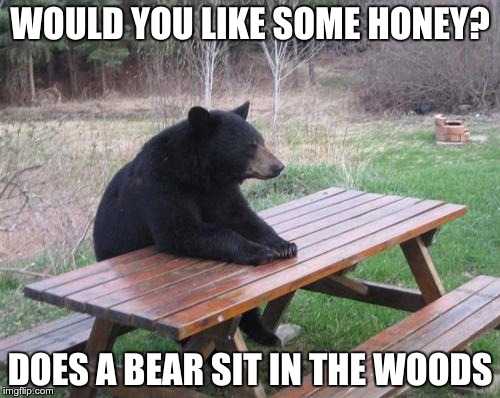 Bad Luck Bear | WOULD YOU LIKE SOME HONEY? DOES A BEAR SIT IN THE WOODS | image tagged in memes,bad luck bear | made w/ Imgflip meme maker