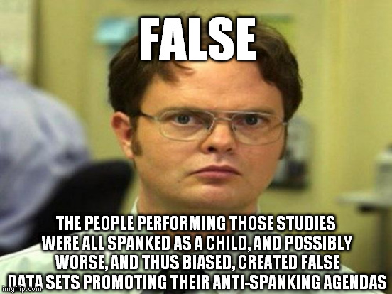 FALSE THE PEOPLE PERFORMING THOSE STUDIES WERE ALL SPANKED AS A CHILD, AND POSSIBLY WORSE, AND THUS BIASED, CREATED FALSE DATA SETS PROMOTIN | made w/ Imgflip meme maker