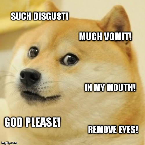 Doge Meme | SUCH DISGUST! MUCH VOMIT! IN MY MOUTH! GOD PLEASE! REMOVE EYES! | image tagged in memes,doge | made w/ Imgflip meme maker