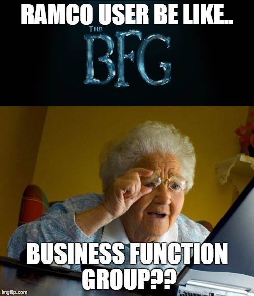 BFG | RAMCO USER BE LIKE.. BUSINESS FUNCTION GROUP?? | image tagged in grandma,internet | made w/ Imgflip meme maker