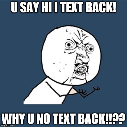 Y U No | U SAY HI I TEXT BACK! WHY U NO TEXT BACK!!?? | image tagged in memes,y u no | made w/ Imgflip meme maker