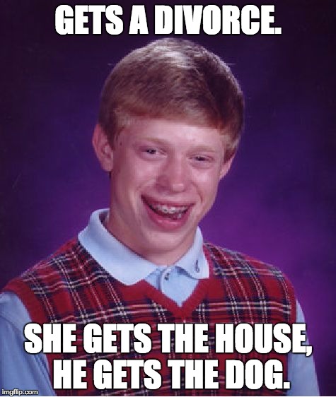 Bad Luck Brian | GETS A DIVORCE. SHE GETS THE HOUSE, HE GETS THE DOG. | image tagged in memes,bad luck brian | made w/ Imgflip meme maker