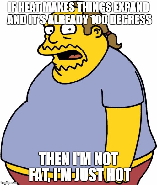 Comic Book Guy | IF HEAT MAKES THINGS EXPAND AND IT'S ALREADY 100 DEGRESS; THEN I'M NOT FAT, I'M JUST HOT | image tagged in memes,comic book guy | made w/ Imgflip meme maker
