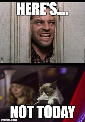 next level aggression | HERE'S.... NOT TODAY | image tagged in grumpy cat,here's johnny | made w/ Imgflip meme maker
