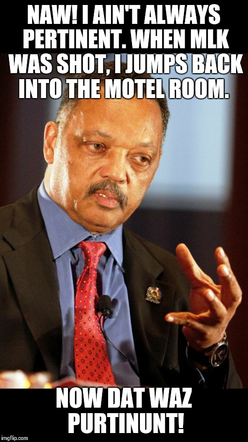 NAW! I AIN'T ALWAYS PERTINENT.
WHEN MLK WAS SHOT, I JUMPS BACK INTO THE MOTEL ROOM. NOW DAT WAZ PURTINUNT! | image tagged in politics | made w/ Imgflip meme maker