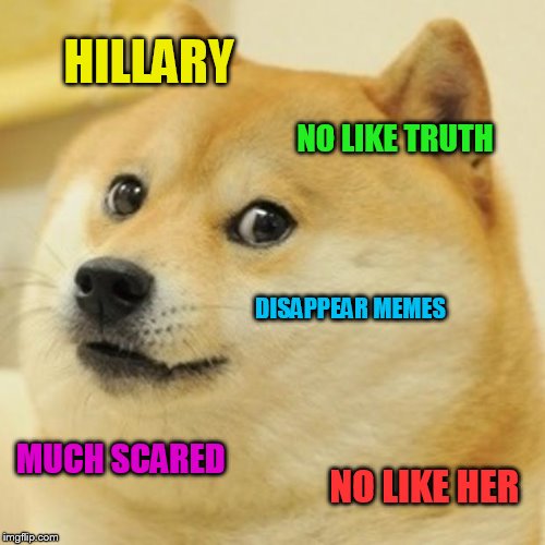 Doge Meme | HILLARY NO LIKE TRUTH DISAPPEAR MEMES MUCH SCARED NO LIKE HER | image tagged in memes,doge | made w/ Imgflip meme maker
