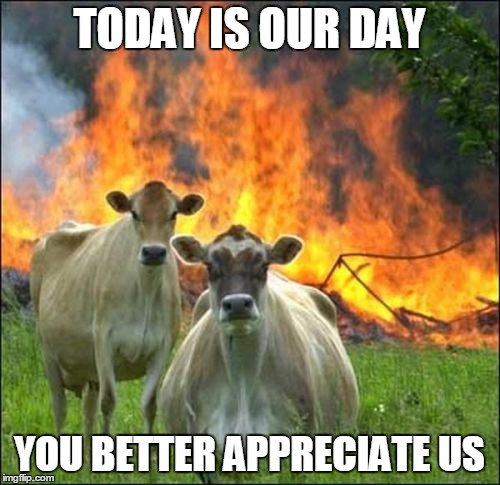 July 12 is Cow Appreciation Day, Moooo better appreciate a cow | TODAY IS OUR DAY; YOU BETTER APPRECIATE US | image tagged in memes,evil cows | made w/ Imgflip meme maker