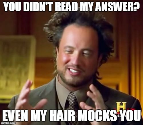 Ancient Aliens | YOU DIDN'T READ MY ANSWER? EVEN MY HAIR MOCKS YOU | image tagged in memes,ancient aliens | made w/ Imgflip meme maker