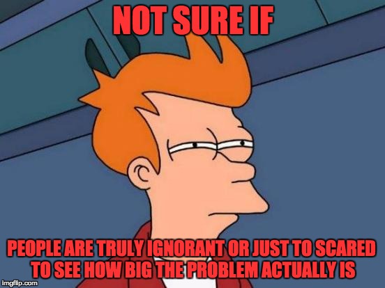 probably both
 | NOT SURE IF; PEOPLE ARE TRULY IGNORANT OR JUST TO SCARED TO SEE HOW BIG THE PROBLEM ACTUALLY IS | image tagged in memes,futurama fry | made w/ Imgflip meme maker