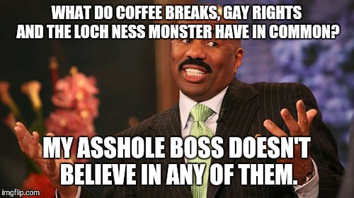 WHAT DO COFFEE BREAKS, GAY RIGHTS AND THE LOCH NESS MONSTER HAVE IN COMMON? MY ASSHOLE BOSS DOESN'T BELIEVE IN ANY OF THEM. | image tagged in memes,steve harvey | made w/ Imgflip meme maker