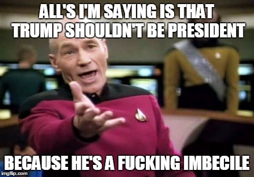 Picard Wtf Meme | ALL'S I'M SAYING IS THAT TRUMP SHOULDN'T BE PRESIDENT BECAUSE HE'S A F**KING IMBECILE | image tagged in memes,picard wtf | made w/ Imgflip meme maker