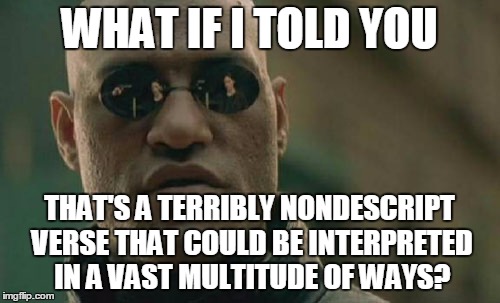Matrix Morpheus Meme | WHAT IF I TOLD YOU THAT'S A TERRIBLY NONDESCRIPT VERSE THAT COULD BE INTERPRETED IN A VAST MULTITUDE OF WAYS? | image tagged in memes,matrix morpheus | made w/ Imgflip meme maker