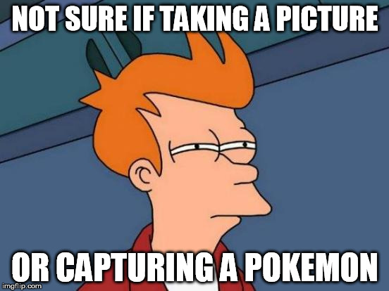 Futurama Fry Meme | NOT SURE IF TAKING A PICTURE; OR CAPTURING A POKEMON | image tagged in memes,futurama fry | made w/ Imgflip meme maker