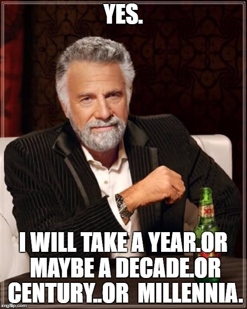 The Most Interesting Man In The World Meme | YES. I WILL TAKE A YEAR.OR MAYBE A DECADE.OR CENTURY..OR  MILLENNIA. | image tagged in memes,the most interesting man in the world | made w/ Imgflip meme maker