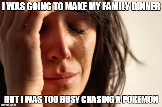 First World Problems | I WAS GOING TO MAKE MY FAMILY DINNER; BUT I WAS TOO BUSY CHASING A POKEMON | image tagged in memes,first world problems | made w/ Imgflip meme maker