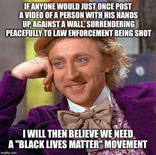 If you are profiled cooperate completely. Sue the pants off them afterwards. Don't cooperate , get shot. Your choice | IF ANYONE WOULD JUST ONCE POST A VIDEO OF A PERSON WITH HIS HANDS UP, AGAINST A WALL, SURRENDERING PEACEFULLY TO LAW ENFORCEMENT BEING SHOT; I WILL THEN BELIEVE WE NEED A "BLACK LIVES MATTER" MOVEMENT | image tagged in memes,creepy condescending wonka,blm,all lives matter,profile | made w/ Imgflip meme maker