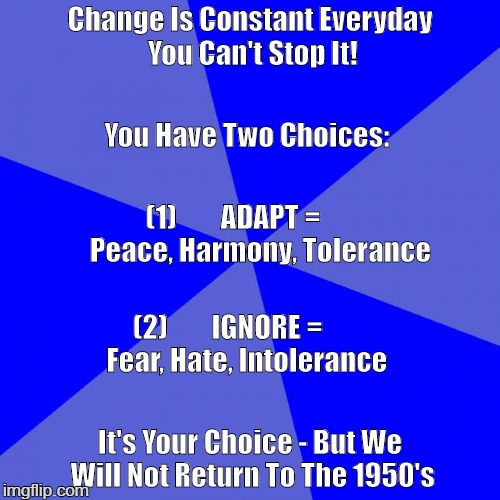 Blank Blue Background Meme | Change Is Constant Everyday You Can't Stop It! You Have Two Choices:; (1)        ADAPT =             Peace, Harmony, Tolerance; (2)        IGNORE =                Fear, Hate, Intolerance; It's Your Choice - But We Will Not Return To The 1950's | image tagged in memes,blank blue background | made w/ Imgflip meme maker