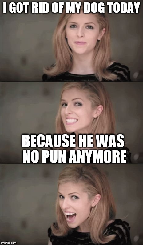 Bad Pun Anna Kendrick | I GOT RID OF MY DOG TODAY; BECAUSE HE WAS NO PUN ANYMORE | image tagged in memes,bad pun anna kendrick | made w/ Imgflip meme maker