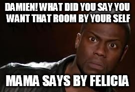 Kevin Hart Meme | DAMIEN! WHAT DID YOU SAY YOU WANT THAT ROOM BY YOUR SELF; MAMA SAYS BY FELICIA | image tagged in memes,kevin hart the hell | made w/ Imgflip meme maker