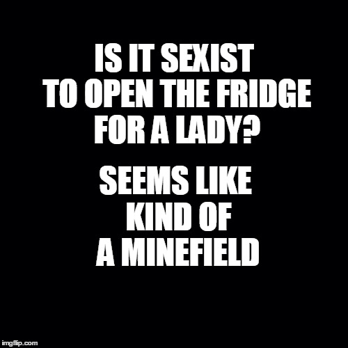 SEEMS LIKE KIND OF A MINEFIELD; IS IT SEXIST TO OPEN THE FRIDGE FOR A LADY? | image tagged in sexism | made w/ Imgflip meme maker