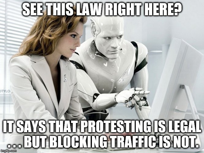 Robot | SEE THIS LAW RIGHT HERE? IT SAYS THAT PROTESTING IS LEGAL . . . BUT BLOCKING TRAFFIC IS NOT. | image tagged in robot | made w/ Imgflip meme maker