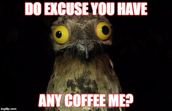 Weird Stuff I Do Potoo Meme | DO EXCUSE YOU HAVE; ANY COFFEE ME? | image tagged in memes,weird stuff i do potoo | made w/ Imgflip meme maker