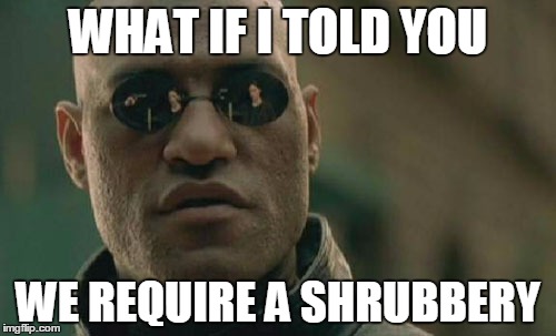 Ni! | WHAT IF I TOLD YOU; WE REQUIRE A SHRUBBERY | image tagged in memes,matrix morpheus | made w/ Imgflip meme maker