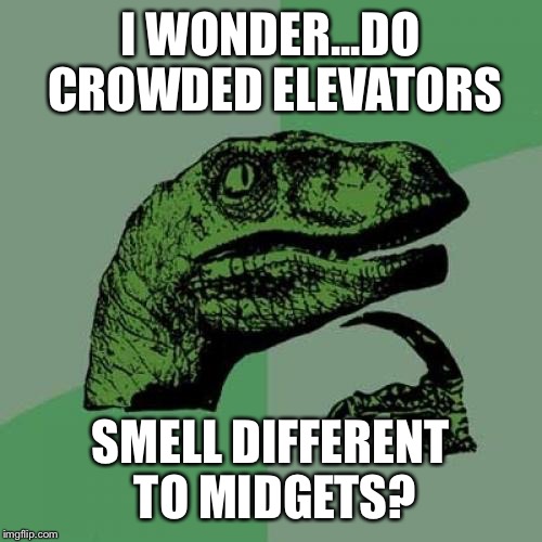 Things I ponder while visiting my Mom in the senior building.  | I WONDER...DO CROWDED ELEVATORS; SMELL DIFFERENT TO MIDGETS? | image tagged in memes,philosoraptor,midgets,smell,funny | made w/ Imgflip meme maker