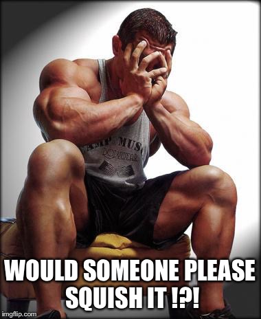 Oh god gym guy | WOULD SOMEONE PLEASE SQUISH IT !?! | image tagged in oh god gym guy | made w/ Imgflip meme maker