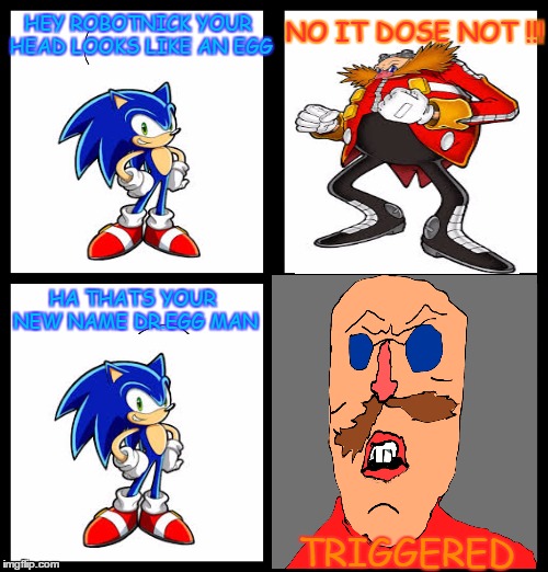 Triggered | NO IT DOSE NOT !!! HEY ROBOTNICK YOUR HEAD LOOKS LIKE AN EGG; HA THATS YOUR NEW NAME DR.EGG MAN; TRIGGERED | image tagged in triggered | made w/ Imgflip meme maker