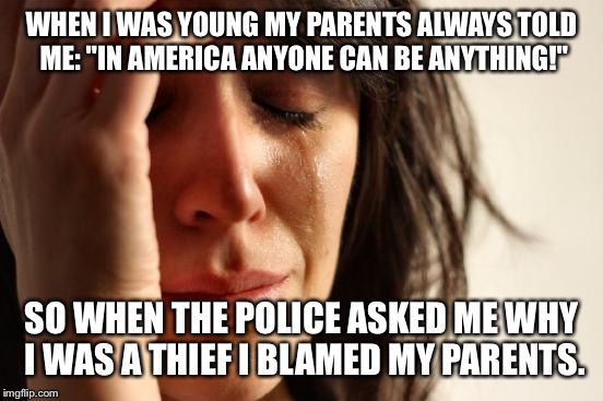 First World Problems | WHEN I WAS YOUNG MY PARENTS ALWAYS TOLD ME: "IN AMERICA ANYONE CAN BE ANYTHING!"; SO WHEN THE POLICE ASKED ME WHY I WAS A THIEF I BLAMED MY PARENTS. | image tagged in memes,first world problems | made w/ Imgflip meme maker