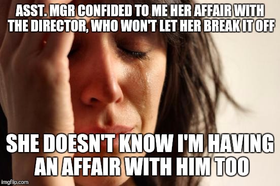 First World Problems - true story | ASST. MGR CONFIDED TO ME HER AFFAIR WITH THE DIRECTOR, WHO WON'T LET HER BREAK IT OFF; SHE DOESN'T KNOW I'M HAVING AN AFFAIR WITH HIM TOO | image tagged in memes,first world problems | made w/ Imgflip meme maker