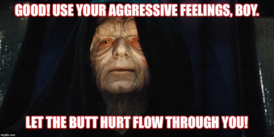 Butt hurt | GOOD! USE YOUR AGGRESSIVE FEELINGS, BOY. LET THE BUTT HURT FLOW THROUGH YOU! | image tagged in butthurt dweller,butthurt | made w/ Imgflip meme maker