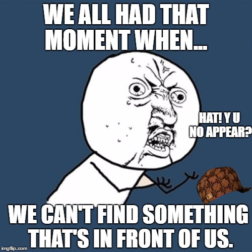 Y U No | WE ALL HAD THAT MOMENT WHEN... HAT! Y U NO APPEAR? WE CAN'T FIND SOMETHING THAT'S IN FRONT OF US. | image tagged in memes,y u no,scumbag | made w/ Imgflip meme maker