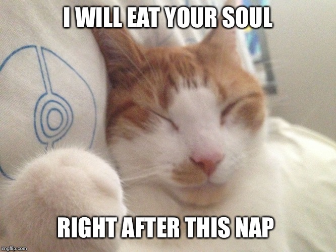 I WILL EAT YOUR SOUL; RIGHT AFTER THIS NAP | image tagged in arnie | made w/ Imgflip meme maker