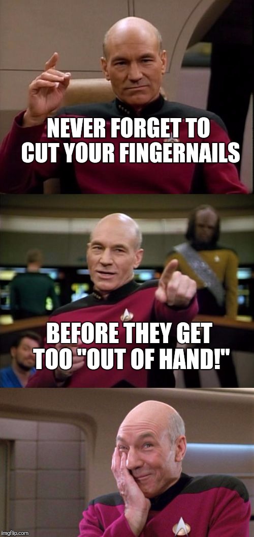 Bad Pun Picard | NEVER FORGET TO CUT YOUR FINGERNAILS; BEFORE THEY GET TOO "OUT OF HAND!" | image tagged in bad pun picard | made w/ Imgflip meme maker