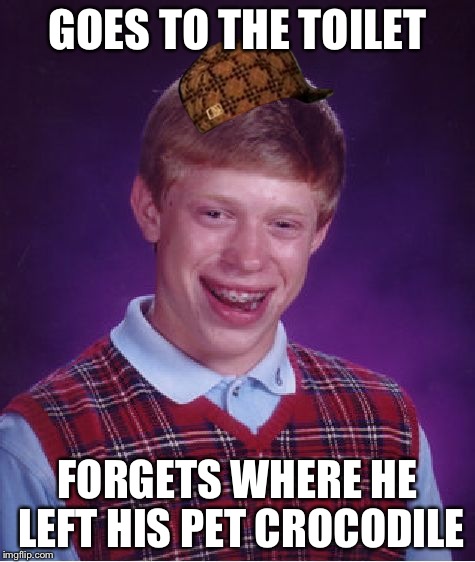 Bad Luck Brian | GOES TO THE TOILET; FORGETS WHERE HE LEFT HIS PET CROCODILE | image tagged in memes,bad luck brian,scumbag | made w/ Imgflip meme maker