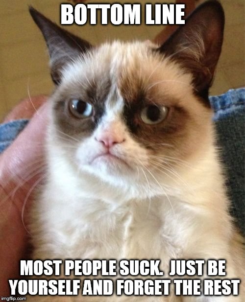 Grumpy Cat Meme | BOTTOM LINE MOST PEOPLE SUCK.  JUST BE YOURSELF AND FORGET THE REST | image tagged in memes,grumpy cat | made w/ Imgflip meme maker