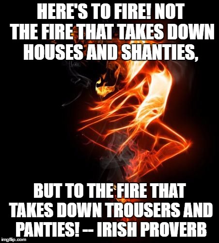 Dance through the fire | HERE'S TO FIRE! NOT THE FIRE THAT TAKES DOWN HOUSES AND SHANTIES, BUT TO THE FIRE THAT TAKES DOWN TROUSERS AND PANTIES! -- IRISH PROVERB | image tagged in dance through the fire | made w/ Imgflip meme maker