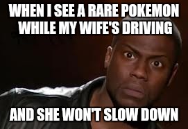 Kevin Hart Meme | WHEN I SEE A RARE POKEMON WHILE MY WIFE'S DRIVING; AND SHE WON'T SLOW DOWN | image tagged in memes,kevin hart the hell | made w/ Imgflip meme maker