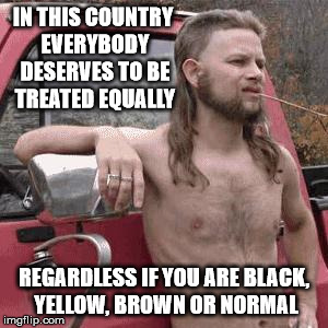 almost redneck | IN THIS COUNTRY EVERYBODY DESERVES TO BE TREATED EQUALLY; REGARDLESS IF YOU ARE BLACK, YELLOW, BROWN OR NORMAL | image tagged in almost redneck | made w/ Imgflip meme maker