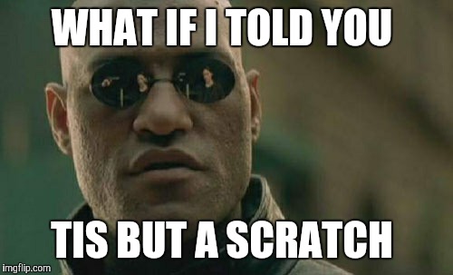 Matrix Morpheus Meme | WHAT IF I TOLD YOU; TIS BUT A SCRATCH | image tagged in memes,matrix morpheus | made w/ Imgflip meme maker